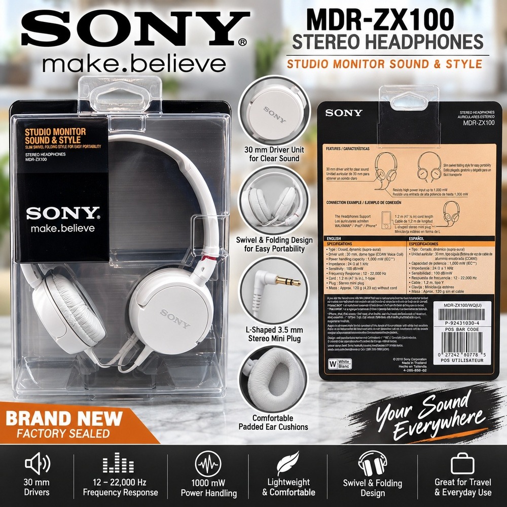 Sony MDR-ZX100 White Wired Stereo Headphones Studio Monitor Swivel Folding NEW